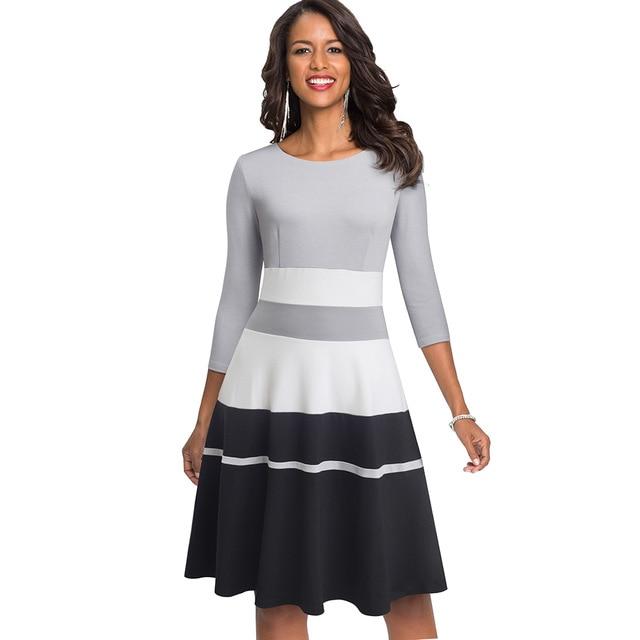 Nice-forever Elegant Contrast Color Patchwork Dress.Business  Flare A-Line Dress.