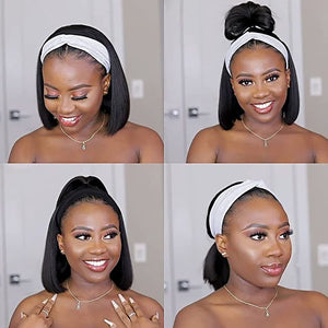 Headband Wigs of Straight Human Hair, and  Glueless at 150% Density. None Lace Front Wigs Brazilian Machine Made Easy Wear Headband Wigs.