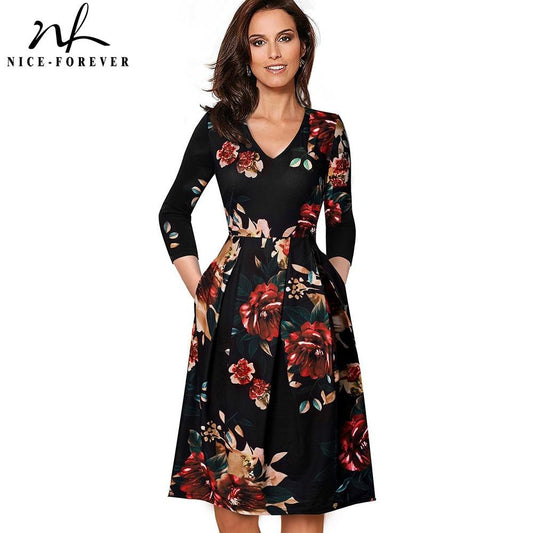 Nice-forever Vintage Solid Color V neckline Pinup Pockets Dress. A-Line Business  Flare Swing Dress.