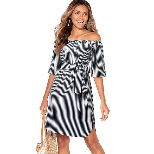 Causal Elegant Off-Shoulder Pinup Stripes with Belt Dress.