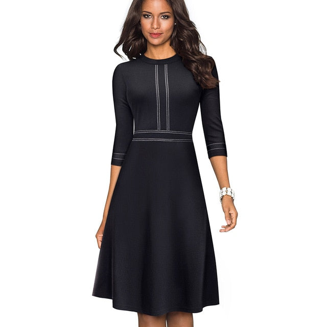 Vintage Elegant Patchwork Round neck Pinup Dress. Business Flare A-Line Retro Women Dress