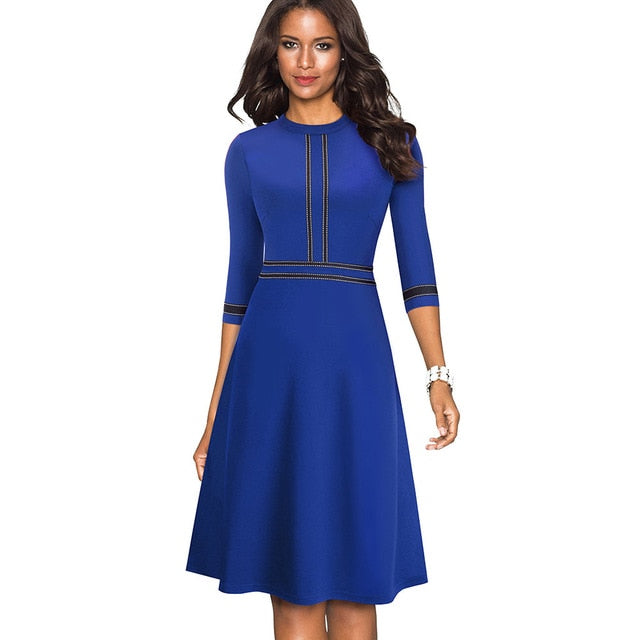 Vintage Elegant Patchwork Round neck Pinup Dress. Business Flare A-Line Retro Women Dress