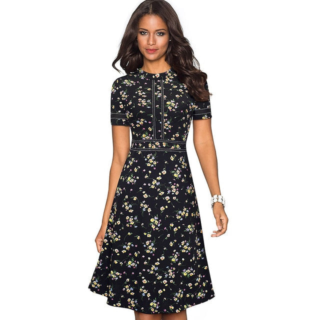 Vintage Elegant Patchwork Round neck Pinup Dress. Business Flare A-Line Retro Women Dress