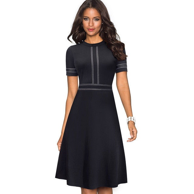 Vintage Elegant Patchwork Round neck Pinup Dress. Business Flare A-Line Retro Women Dress