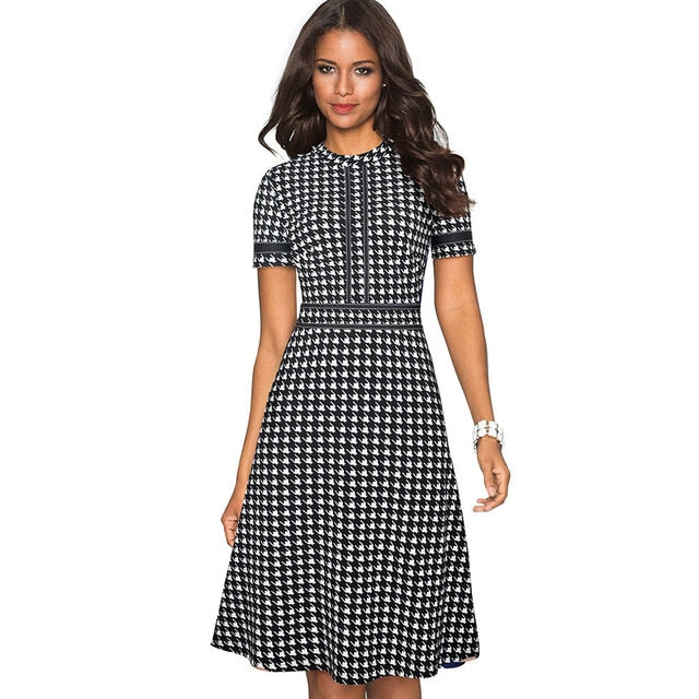 Vintage Elegant Patchwork Round neck Pinup Dress. Business Flare A-Line Retro Women Dress