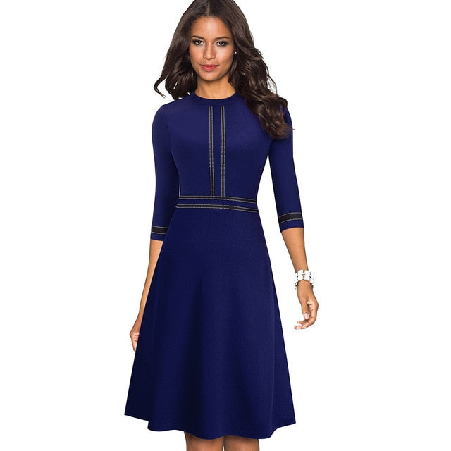 Vintage Elegant Patchwork Round neck Pinup Dress. Business Flare A-Line Retro Women Dress