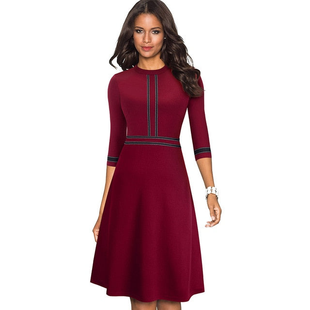 Vintage Elegant Patchwork Round neck Pinup Dress. Business Flare A-Line Retro Women Dress