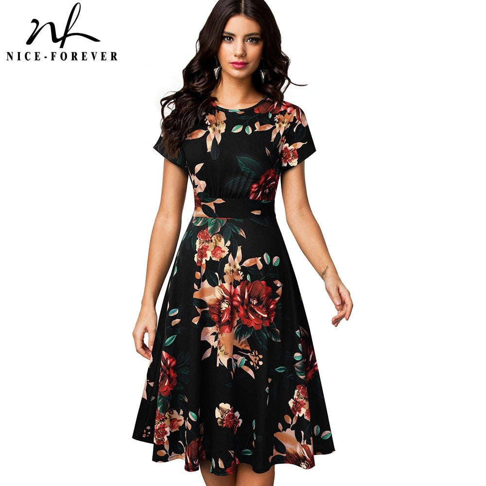 Nice-forever Vintage Elegant Floral Print Pleated Round neck vestidos. A-Line Pinup Business Swing Dress.