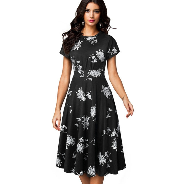 Nice-forever Vintage Elegant Floral Print Pleated Round neck vestidos. A-Line Pinup Business Swing Dress.