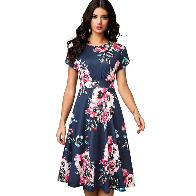 Nice-forever Vintage Elegant Floral Print Pleated Round neck vestidos. A-Line Pinup Business Swing Dress.