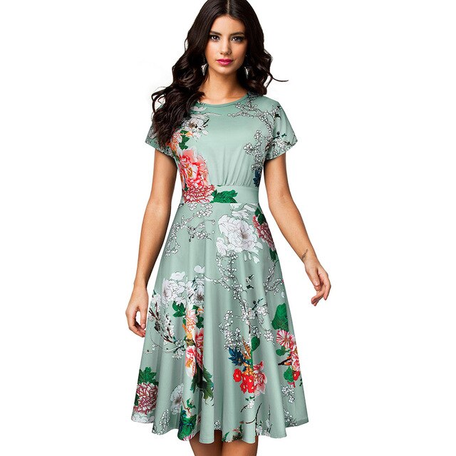 Nice-forever Vintage Elegant Floral Print Pleated Round neck vestidos. A-Line Pinup Business Swing Dress.