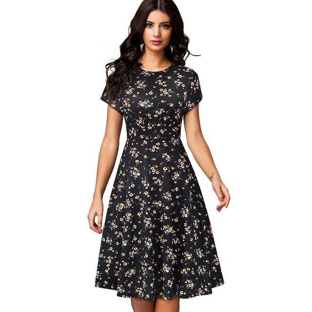 Nice-forever Vintage Elegant Floral Print Pleated Round neck vestidos. A-Line Pinup Business Swing Dress.