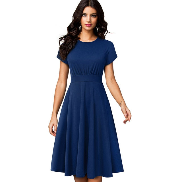 Nice-forever Vintage Elegant Floral Print Pleated Round neck vestidos. A-Line Pinup Business Swing Dress.