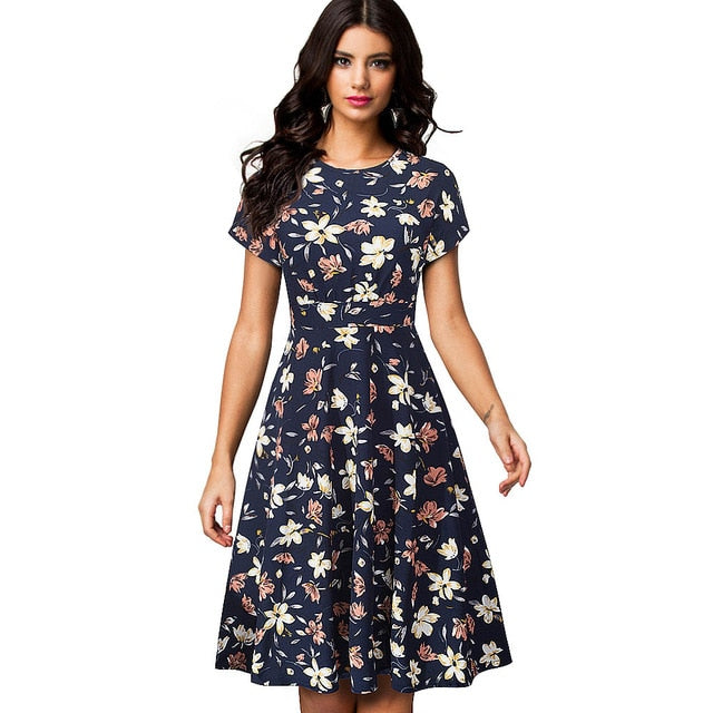 Nice-forever Vintage Elegant Floral Print Pleated Round neck vestidos. A-Line Pinup Business Swing Dress.