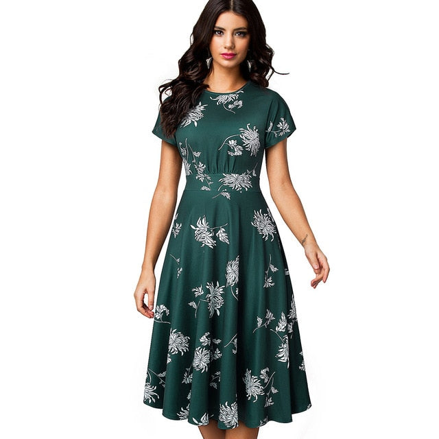 Nice-forever Vintage Elegant Floral Print Pleated Round neck vestidos. A-Line Pinup Business Swing Dress.