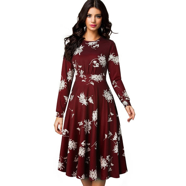Nice-forever Vintage Elegant Floral Print Pleated Round neck vestidos. A-Line Pinup Business Swing Dress.