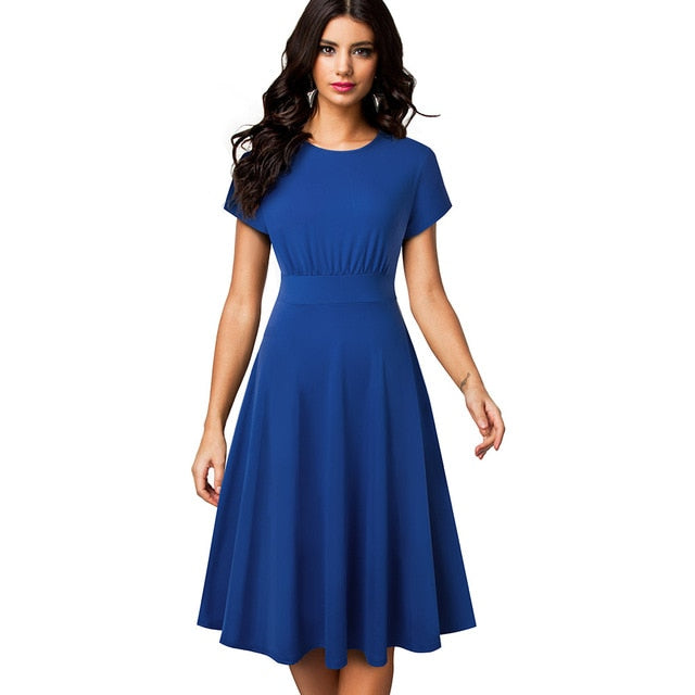 Nice-forever Vintage Elegant Floral Print Pleated Round neck vestidos. A-Line Pinup Business Swing Dress.