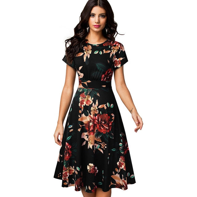 Nice-forever Vintage Elegant Floral Print Pleated Round neck vestidos. A-Line Pinup Business Swing Dress.