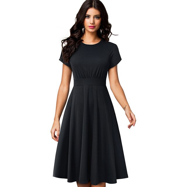 Nice-forever Vintage Elegant Floral Print Pleated Round neck vestidos. A-Line Pinup Business Swing Dress.