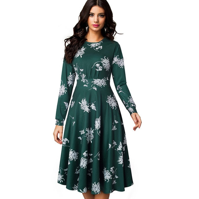 Nice-forever Vintage Elegant Floral Print Pleated Round neck vestidos. A-Line Pinup Business Swing Dress.