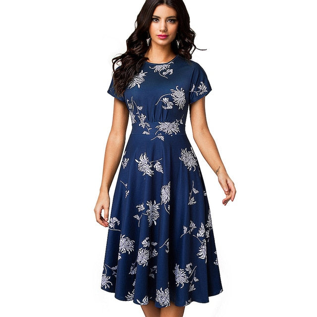 Nice-forever Vintage Elegant Floral Print Pleated Round neck vestidos. A-Line Pinup Business Swing Dress.