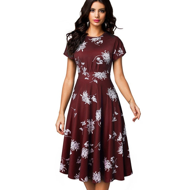 Nice-forever Vintage Elegant Floral Print Pleated Round neck vestidos. A-Line Pinup Business Swing Dress.