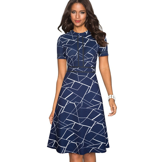 Vintage Elegant Patchwork Round neck Pinup Dress. Business Flare A-Line Retro Women Dress