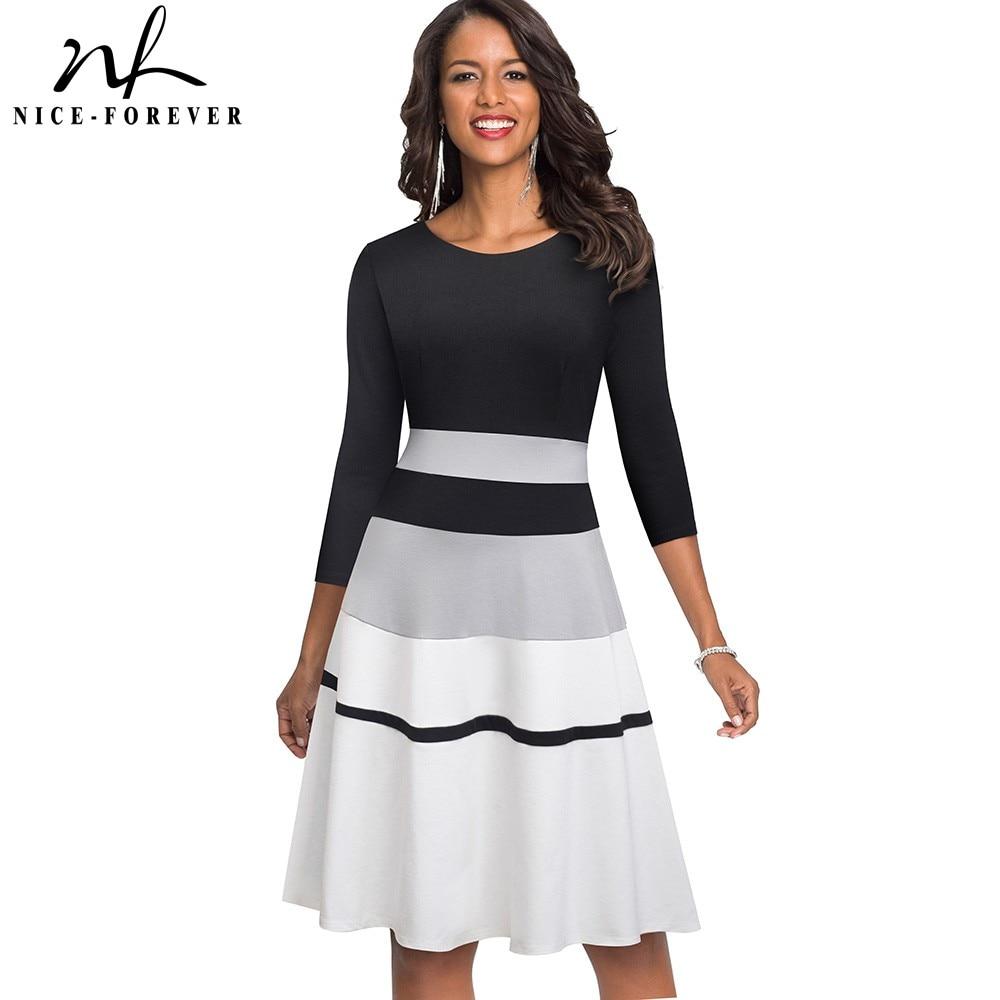 Nice-forever Elegant Contrast Color Patchwork Dress.Business  Flare A-Line Dress.