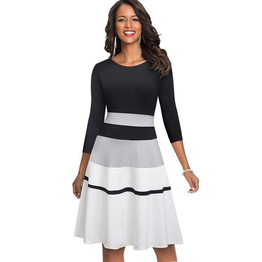 Nice-forever Elegant Contrast Color Patchwork Dress.Business  Flare A-Line Dress.