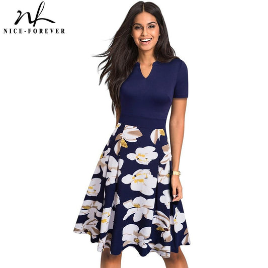 Nice-forever Stylish Elegant Floral Printed Women Dress. Short Sleeve A-Line Floral Flare Dress.