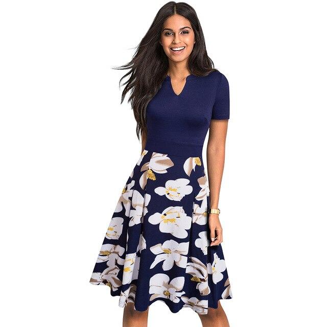 Nice-forever Stylish Elegant Floral Printed Women Dress. Short Sleeve A-Line Floral Flare Dress.