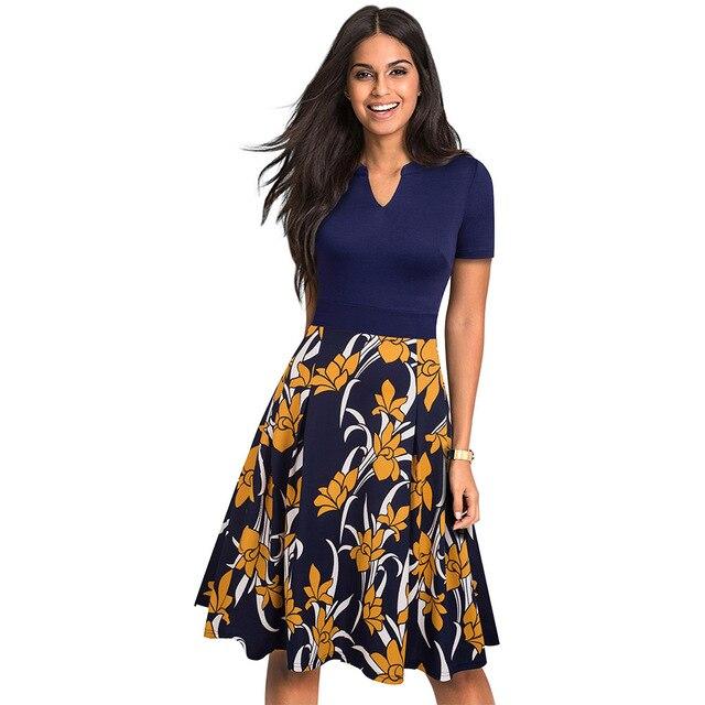 Nice-forever Stylish Elegant Floral Printed Women Dress. Short Sleeve A-Line Floral Flare Dress.