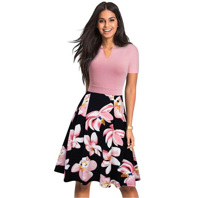 Nice-forever Stylish Elegant Floral Printed Women Dress. Short Sleeve A-Line Floral Flare Dress.