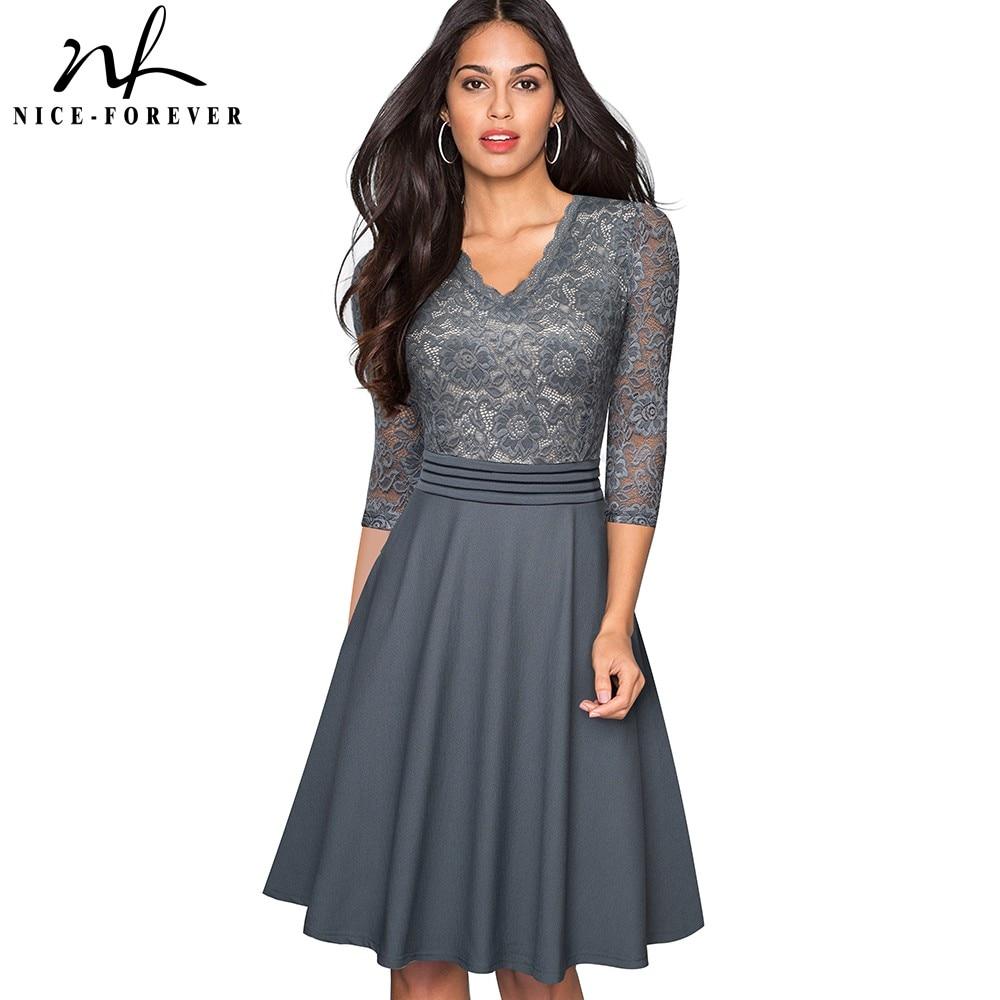 Nice-forever Vintage Floral Elegant Lace Ruffle Dress.      A-Line Pinup Business Women Flare Dress