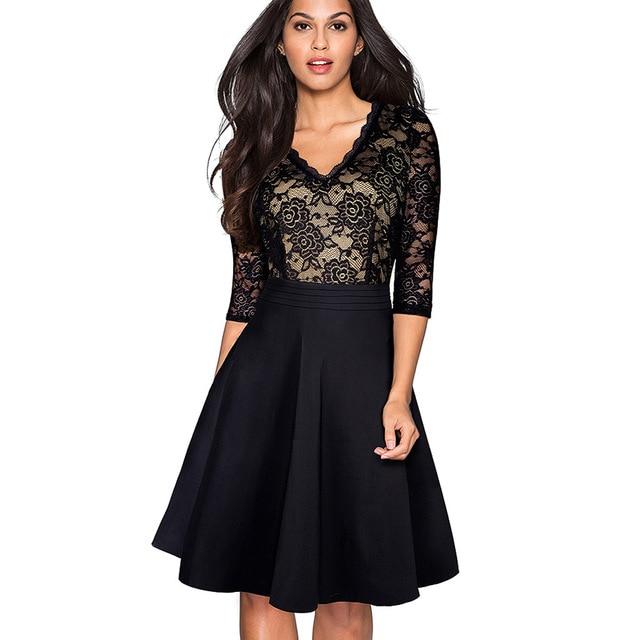 Nice-forever Vintage Floral Elegant Lace Ruffle Dress.      A-Line Pinup Business Women Flare Dress