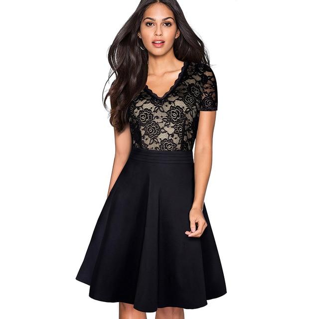 Nice-forever Vintage Floral Elegant Lace Ruffle Dress.      A-Line Pinup Business Women Flare Dress