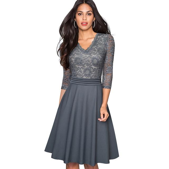 Nice-forever Vintage Floral Elegant Lace Ruffle Dress.      A-Line Pinup Business Women Flare Dress