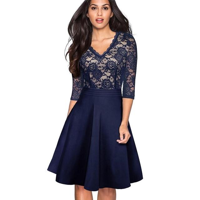 Nice-forever Vintage Floral Elegant Lace Ruffle Dress.      A-Line Pinup Business Women Flare Dress