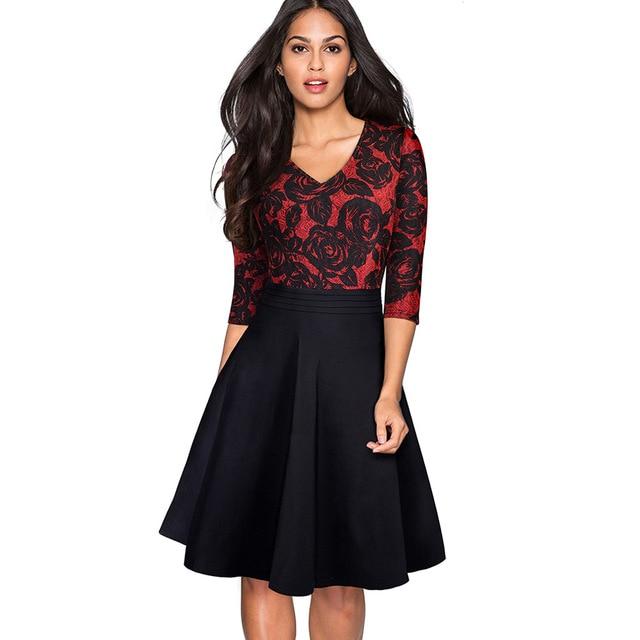 Nice-forever Vintage Floral Elegant Lace Ruffle Dress.      A-Line Pinup Business Women Flare Dress