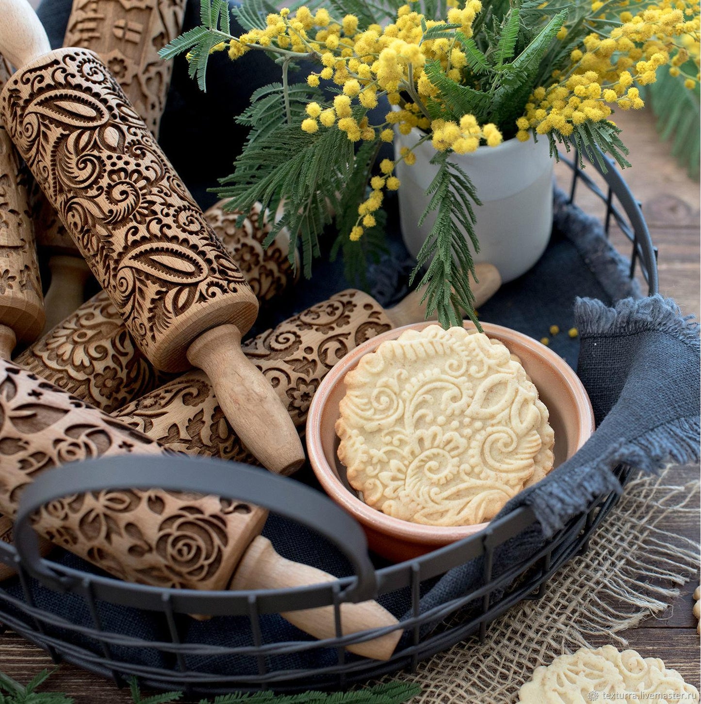Rolling Pin Engraved Carved Wood. Embossed Rolling Pin with Christmas engravings,flower Wisteria and more.. .