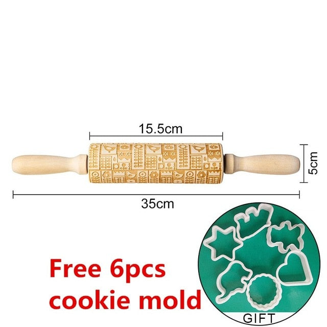 Rolling Pin Engraved Carved Wood. Embossed Rolling Pin with Christmas engravings,flower Wisteria and more.. .