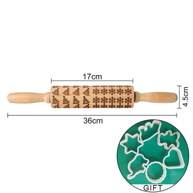 Rolling Pin Engraved Carved Wood. Embossed Rolling Pin with Christmas engravings,flower Wisteria and more.. .