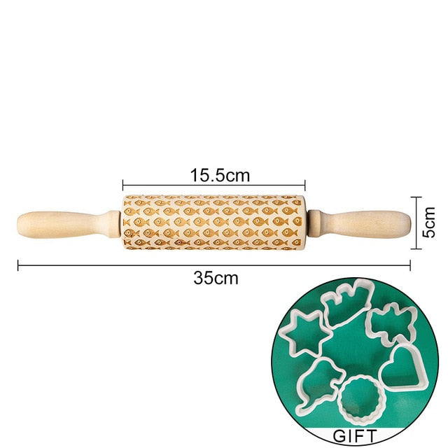 Rolling Pin Engraved Carved Wood. Embossed Rolling Pin with Christmas engravings,flower Wisteria and more.. .