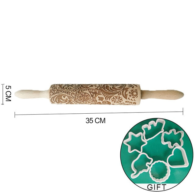 Rolling Pin Engraved Carved Wood. Embossed Rolling Pin with Christmas engravings,flower Wisteria and more.. .
