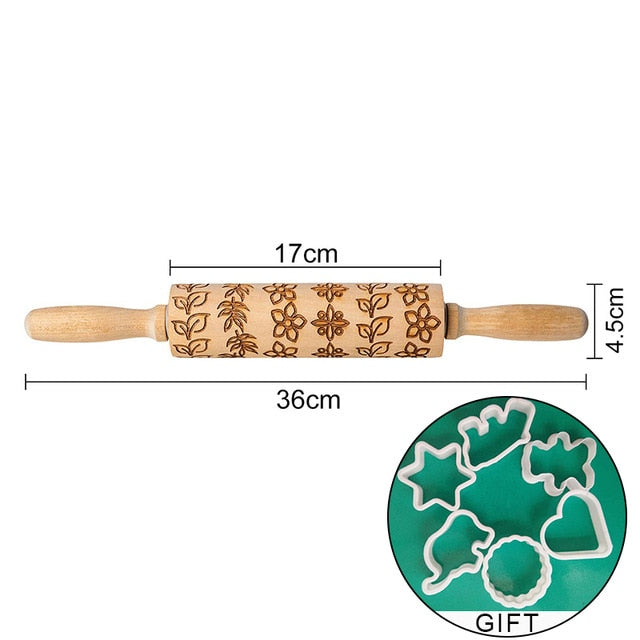 Rolling Pin Engraved Carved Wood. Embossed Rolling Pin with Christmas engravings,flower Wisteria and more.. .