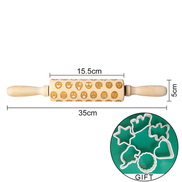 Rolling Pin Engraved Carved Wood. Embossed Rolling Pin with Christmas engravings,flower Wisteria and more.. .