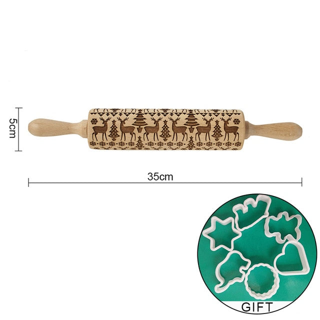 Rolling Pin Engraved Carved Wood. Embossed Rolling Pin with Christmas engravings,flower Wisteria and more.. .