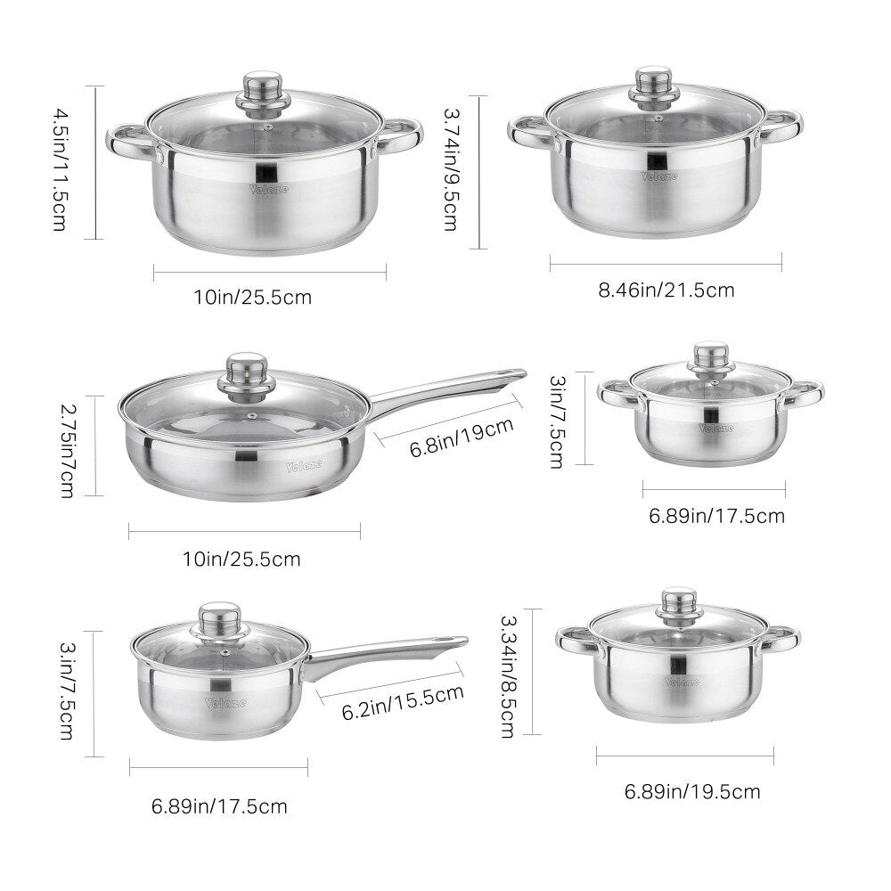 Velaze Cookware Set 12-Piece Kitchen Stainless Steel Cooking Pot & Pan Sets,Induction Safe,Saucepan,Casserole,pan with Glass lid