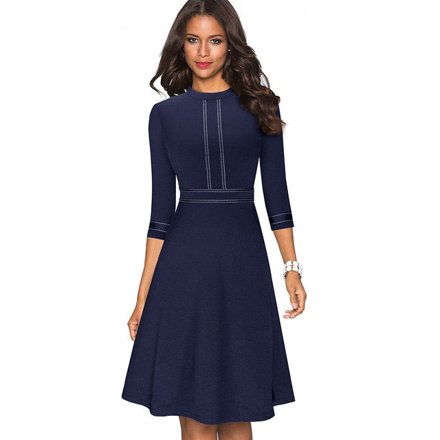 Vintage Elegant Patchwork Round neck Pinup Dress. Business Flare A-Line Retro Women Dress