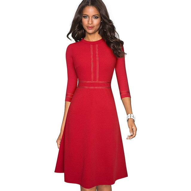 Vintage Elegant Patchwork Round neck Pinup Dress. Business Flare A-Line Retro Women Dress